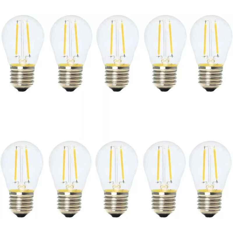 foto del prodotto confezione da 10 lampadine led filamento e27, 2w equivalente a 22w , luce calda 2200k stile vintage, non dimmerabile, forma a globo maka