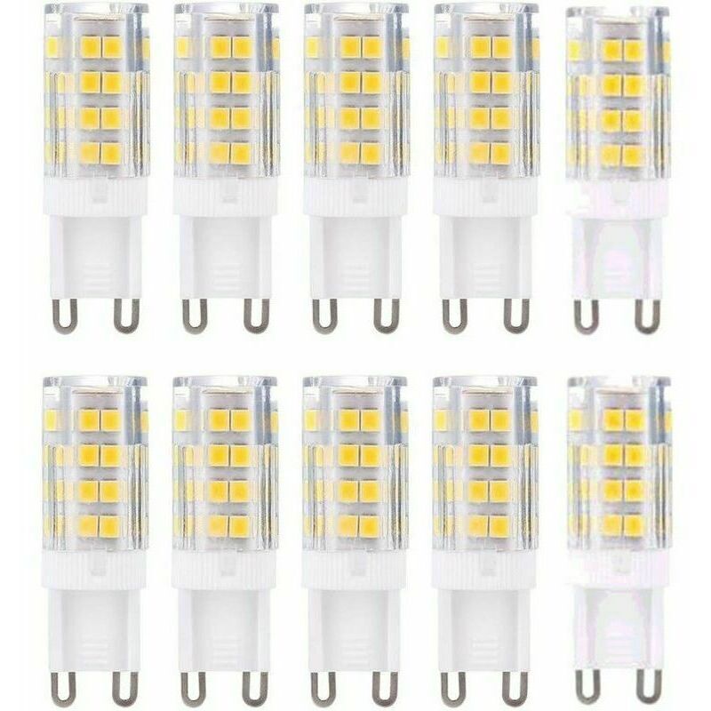foto del prodotto confezione da 10 lampadine led g9, bianco caldo 3000 k, 5 w, equivalenti a lampadine alogene da 40 w, 420 lumen, non dimmerabili.