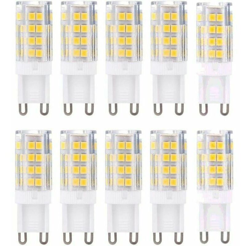 foto del prodotto confezione da 10 lampadine led g9, bianco caldo 3000k 5w equivalenti a lampadine alogene da 40w 420 lumen non dimmerabili.
