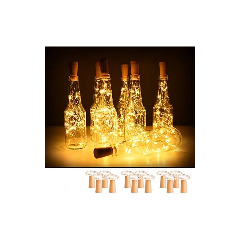 foto del prodotto confezione da 10 luci per bottiglie di vino con tappo di sughero, 2 m 20 led in filo di rame a batteria per decorazioni nuziali, luce bianca calda