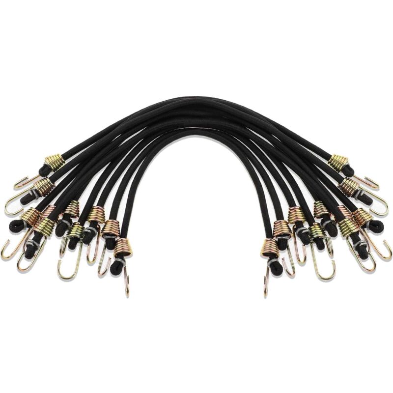 foto del prodotto confezione da 10 mini corde elastiche con ganci, corda elastica nera, cinturino in gomma sollbry
