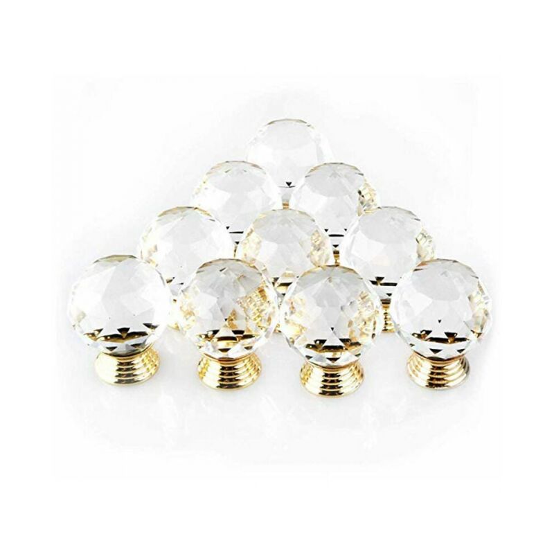 foto del prodotto confezione da 10 pomelli per porte da 25 mm, forma della maniglia, diametro 25 mm, cristallo dorato, maniglie per mobili, maniglie in vetro rotonde,