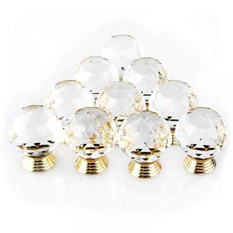 foto del prodotto confezione da 10 pomelli per porte, forma di maniglia, diametro 30 mm, cristallo oro, pomelli per mobili, pomelli rotondi in vetro, decorazione per