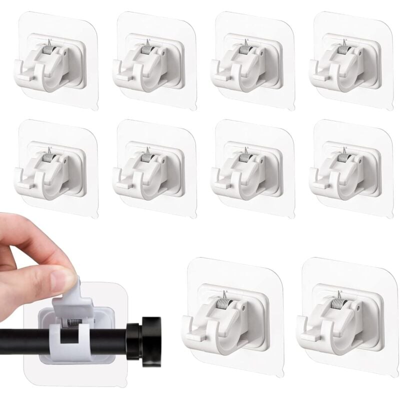 foto del prodotto confezione da 10 supporti per aste per tende senza foratura ganci da parete autoadesivi per bagno, cucina, soggiorno, camera da letto e hotel
