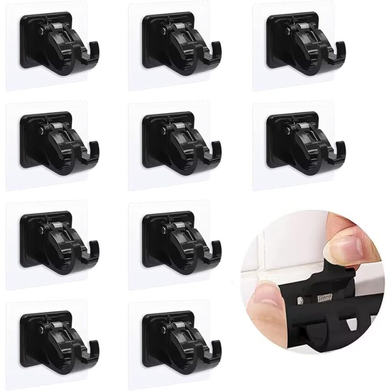 foto del prodotto confezione da 10 supporti per aste per tende senza foratura ganci da parete autoadesivi per bagno, cucina, soggiorno, camera da letto e hotel nero 