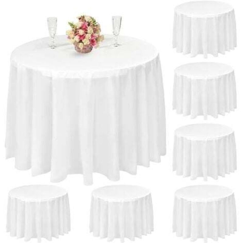 foto del prodotto confezione da 10 tovaglie rotonde, tovaglie monouso bianche da 84 pollici, tovaglie rotonde in plastica peva impermeabile per matrimoni, feste, cene