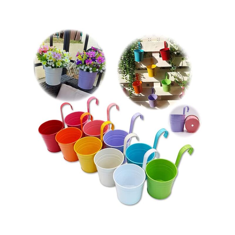 foto del prodotto confezione da 10 vasi da fiori sospesi in metallo con foro di drenaggio, assortimento di ganci rimovibili 10 x 8 cm 
