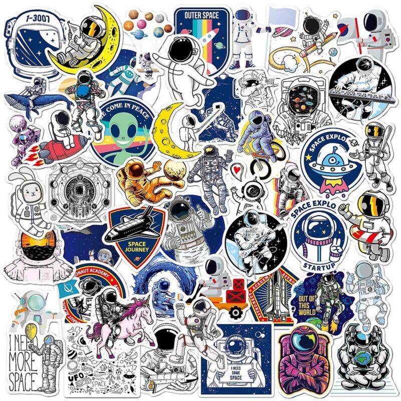 foto del prodotto confezione da 100 adesivi astronauta, decalcomania in vinile impermeabile per borraccia, laptop, chitarra, skateboard, auto, bici, moto, borraccia