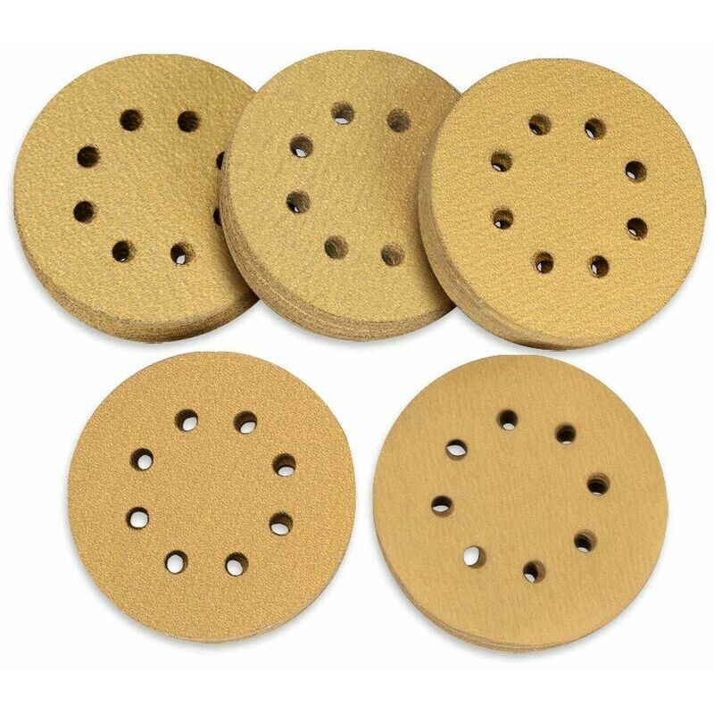 foto del prodotto confezione da 100 dischi abrasivi, 125 mm con gancio e anello, grana 60 80 120 150 240, 8 fori assortiti per levigatrice orbitale casuale