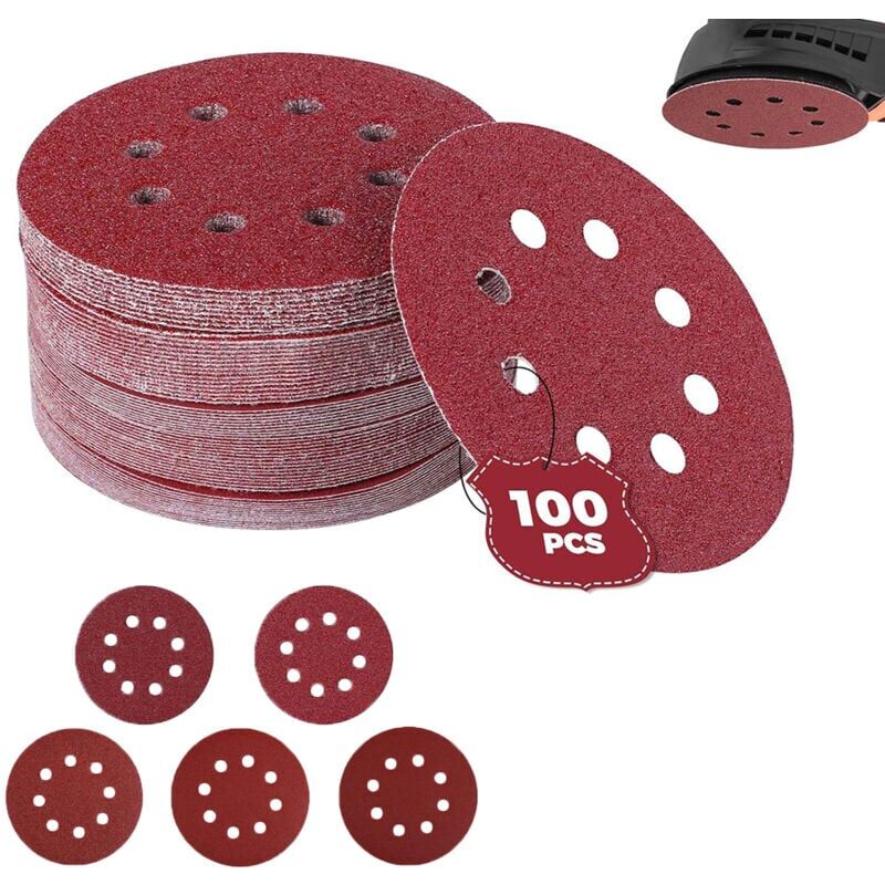 foto del prodotto confezione da 100 fogli di carta abrasiva per levigatrici rotorbitali, dischi abrasivi 125 mm con grana 60 80 100 120 240 20 dischi per grana 