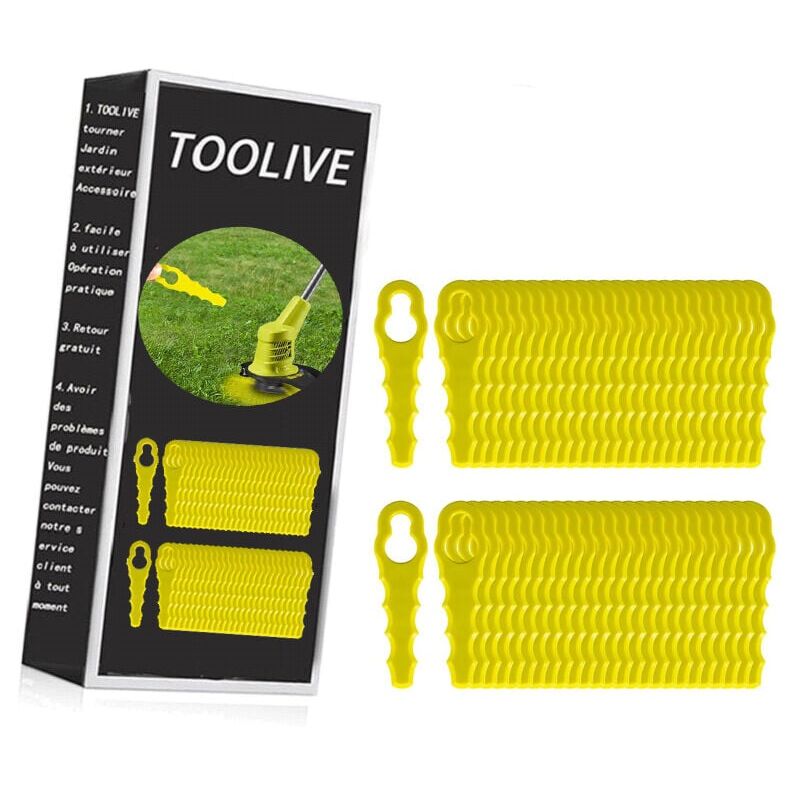 foto del prodotto confezione da 100 lame di ricambio compatibili con decespugliatore ryobi, testine a doppia lama seghettata rac155 rac157 rac158 ymyny