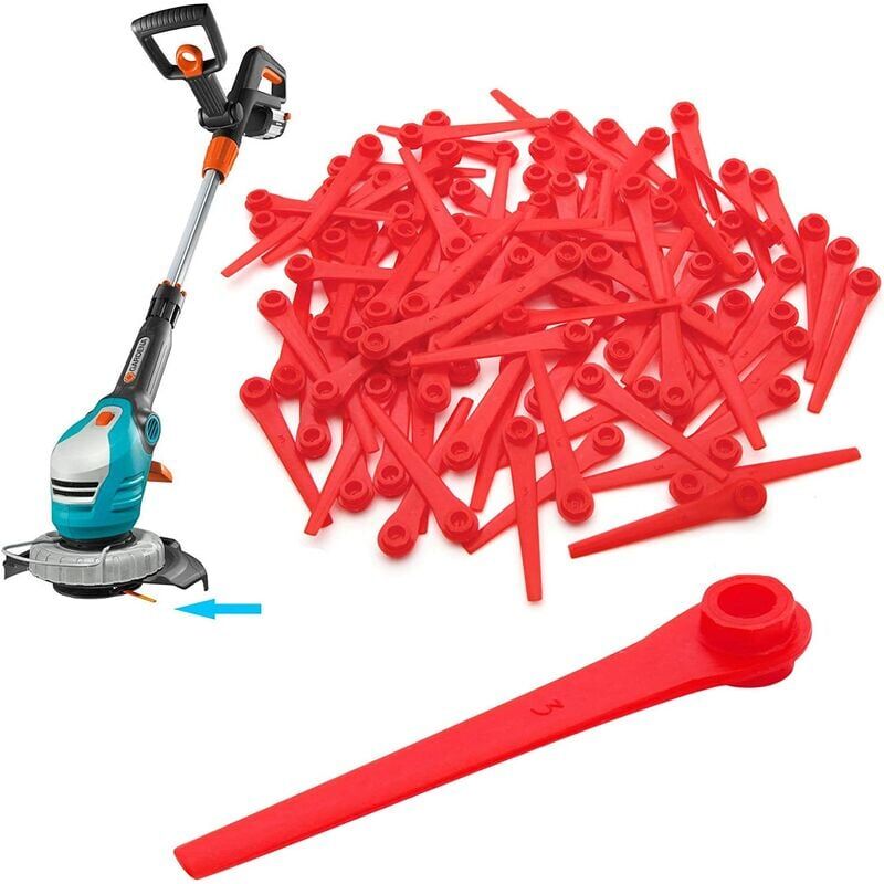 foto del prodotto confezione da 100 lame di ricambio in plastica per tosaerba gardena 9823 9825 70 mm rosso