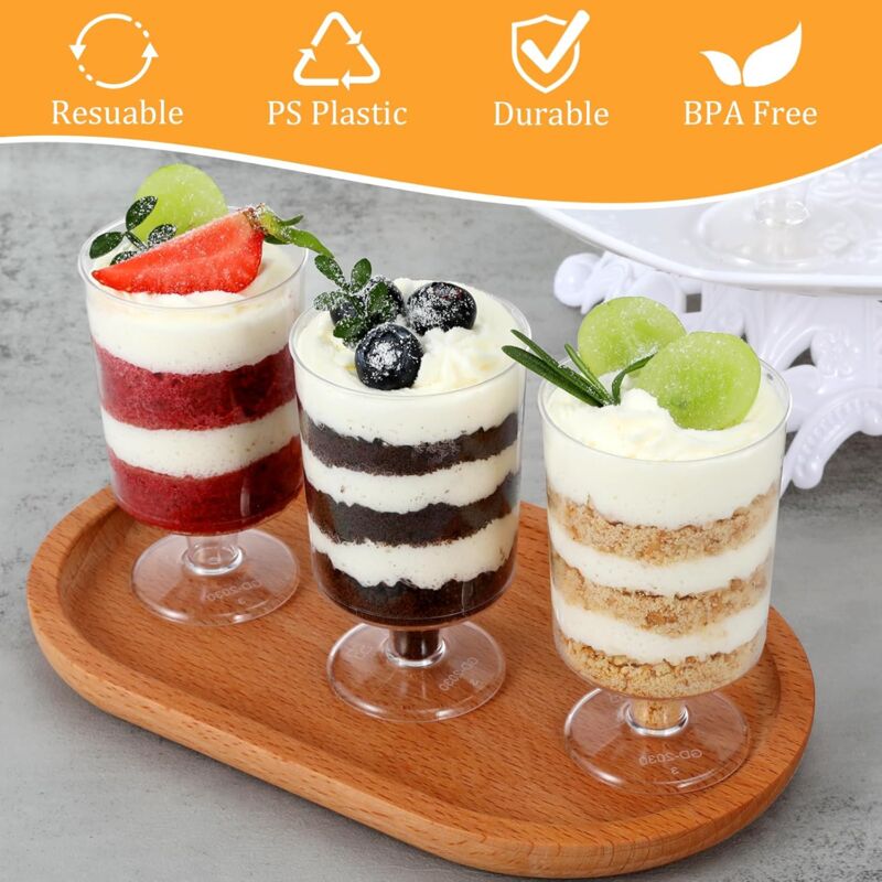 foto del prodotto confezione da 100 mini bicchieri monouso per dessert, bicchieri da vino in plastica trasparente, bicchieri per antipasti, ciotole da portata per