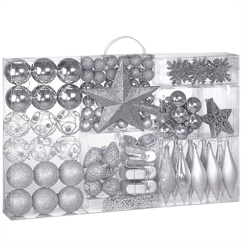 foto del prodotto confezione da 102 palline di natale con valigetta set variegato con catena deco coni stivali stelle argento
