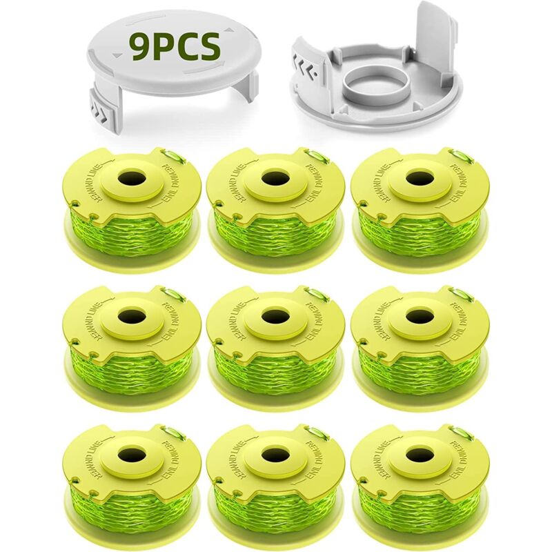 foto del prodotto confezione da 11 bobine di ricambio per tosaerba ryobi one 18v, 24v, 40v, 2 mm, lunghezza 3,4 m ac14rl3a 9 bobine, 2 tappi 
