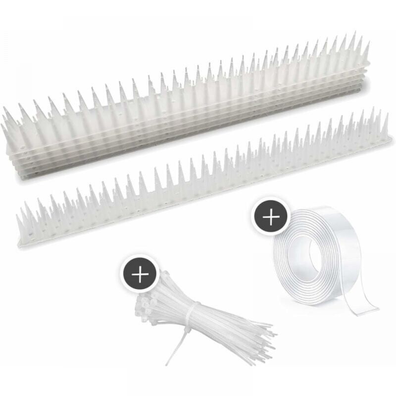 foto del prodotto confezione da 12 bianco oltre 5 m repellente per uccelli con punte extra alte per balconi, recinzioni e tetti con nastro impermeabile e