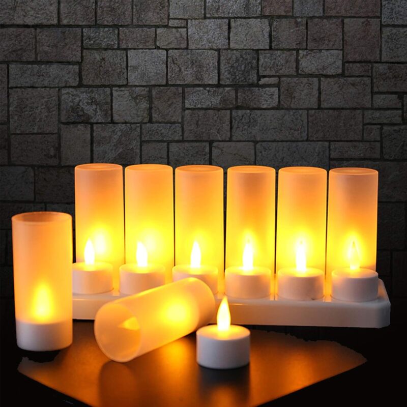 foto del prodotto confezione da 12 candele led ricaricabili, candele led elettriche con fiamma tremolante e stazione di ricarica, decorazione per natale, compleanno, matrimonio, cena, tavolo votivo, bar, ristorante, ho