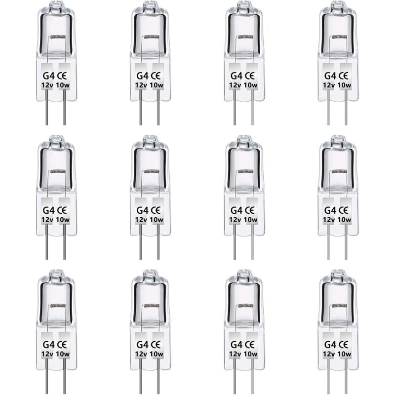 foto del prodotto confezione da 12 lampadine alogene g4 12v 10w, dimmerabili, bianco caldo 2700k, 140lm, lampada alogena g4 a bassa tensione, capsula trasparente, per