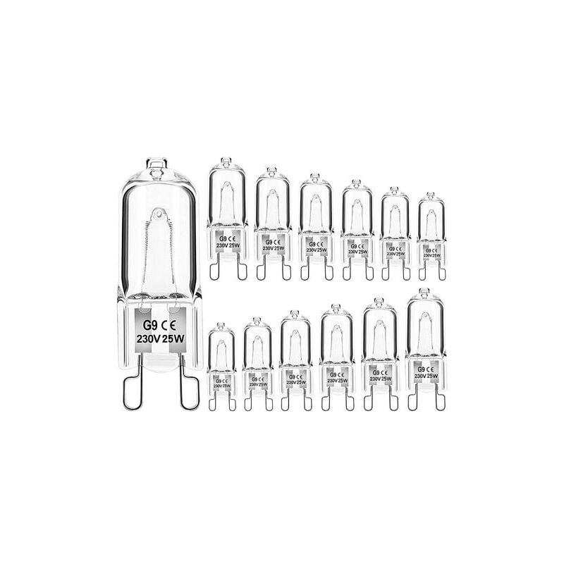 foto del prodotto confezione da 12 lampadine alogene g9 a capsula trasparente dimmerabili 25w 230v bianco caldo per forno, microonde, fornello, plafoniere classe