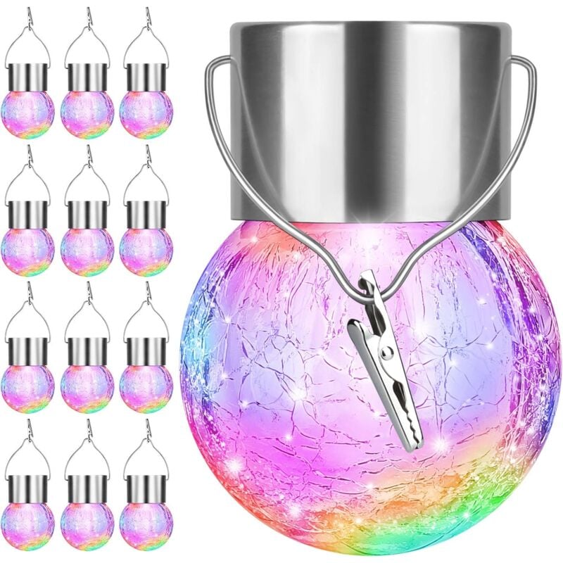 foto del prodotto confezione da 12 luci solari a sospensione per esterni luci solari in vetro frantumato luci decorative a led impermeabili per alberi con globo con