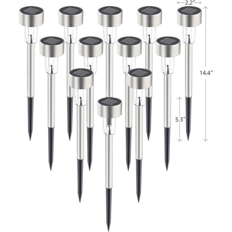 foto del prodotto confezione da 12 luci solari da vialetto, luci solari impermeabili in acciaio inossidabile ip44 con accensione spegnimento automatico, luci solari da