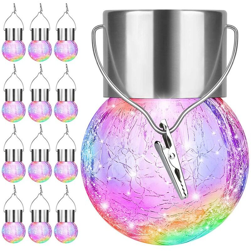foto del prodotto confezione da 12 luci solari sospese per esterni luci solari decorative a led impermeabili in vetro rotto con gancio per decorazioni natalizie in
