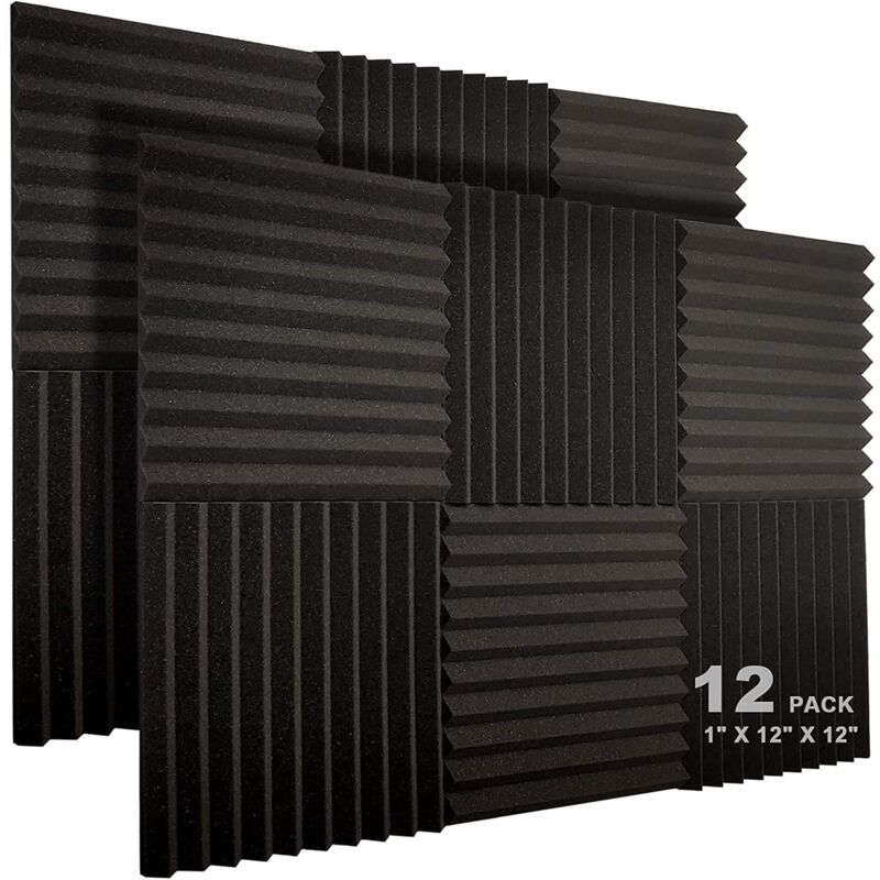 foto del prodotto confezione da 12 pannelli acustici in schiuma, 1 x 12 x 12 pollici, fonoassorbenti, ignifughi, a forma di cuneo, per studio, trattamento acustico
