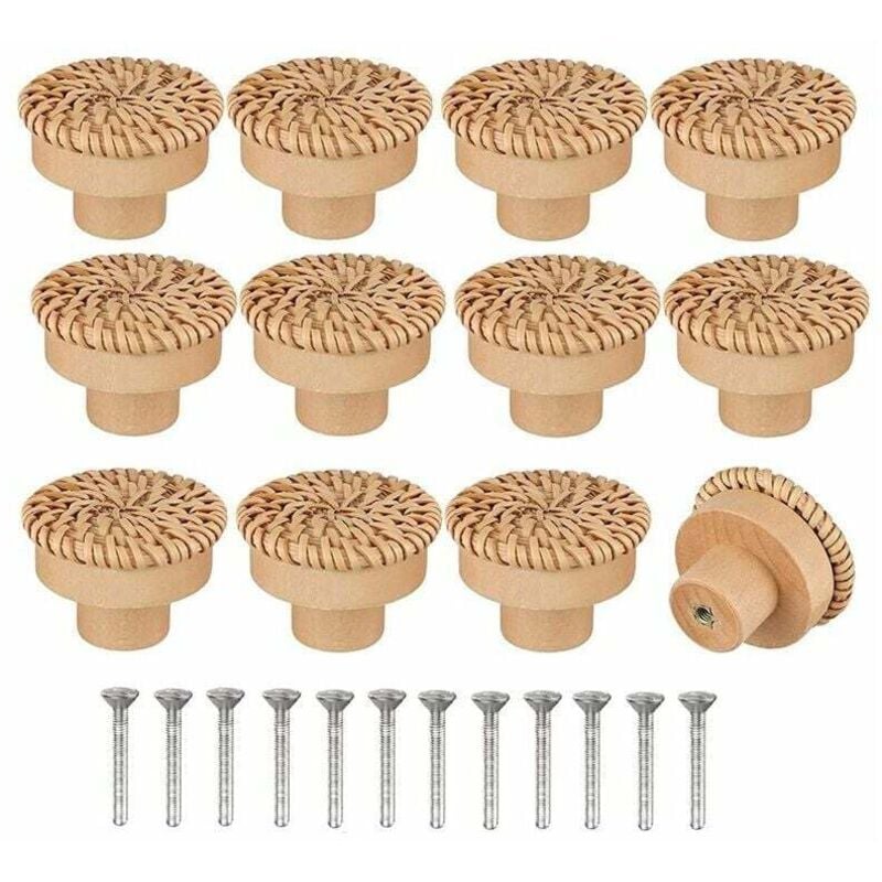 foto del prodotto confezione da 12 pomelli per cassettiere in rattan in stile boh mien fatti a mano viti incluse adatti per mobili in legno, cassetti, armadi dpzo