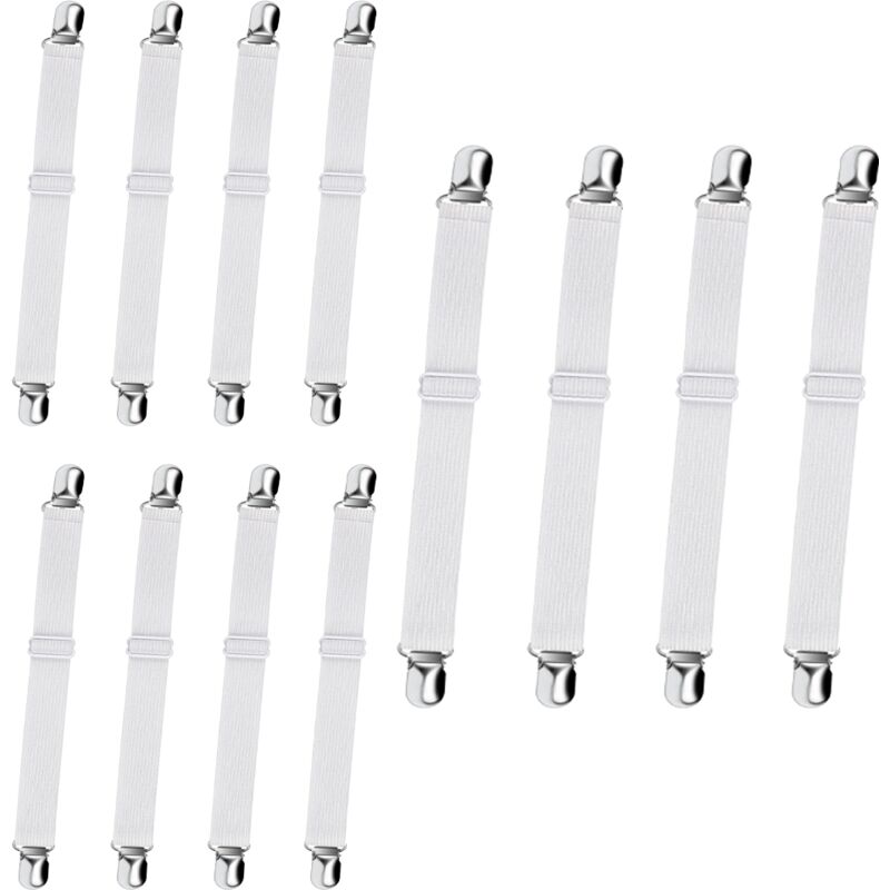foto del prodotto confezione da 12 supporti elastici per lenzuola clip elastiche regolabili per materassi per lenzuola con angoli con cinghie di fissaggio bianco 