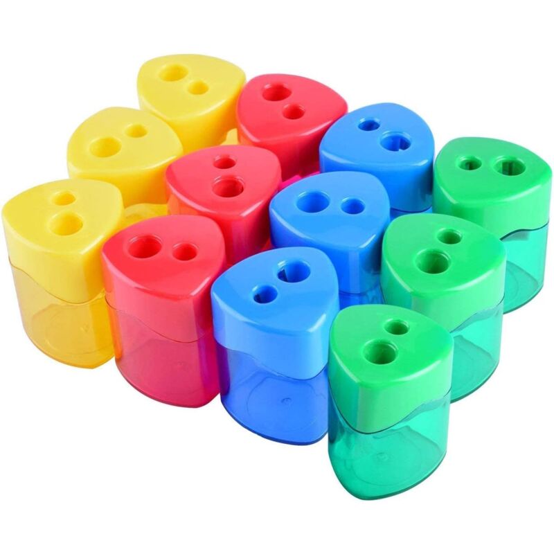 foto del prodotto confezione da 12 temperamatite manuali a 2 fori per matite standard e colorate. bebusingoto