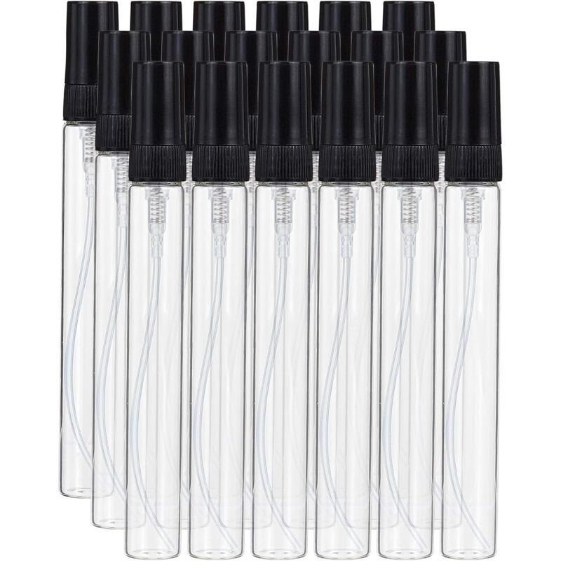 foto del prodotto confezione da 15 flaconi spray in vetro trasparente da 10 ml con tappo a pompa nero per profumi e prodotti da toeletta. bebusingoto