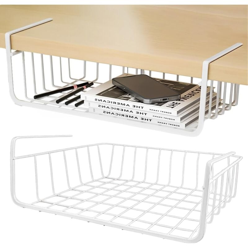 foto del prodotto confezione da 2 cestini per armadietti, cestini portaoggetti, in metallo bianco, per cucina, dispensa, ufficio, libreria, armadio, armadietti, bagno