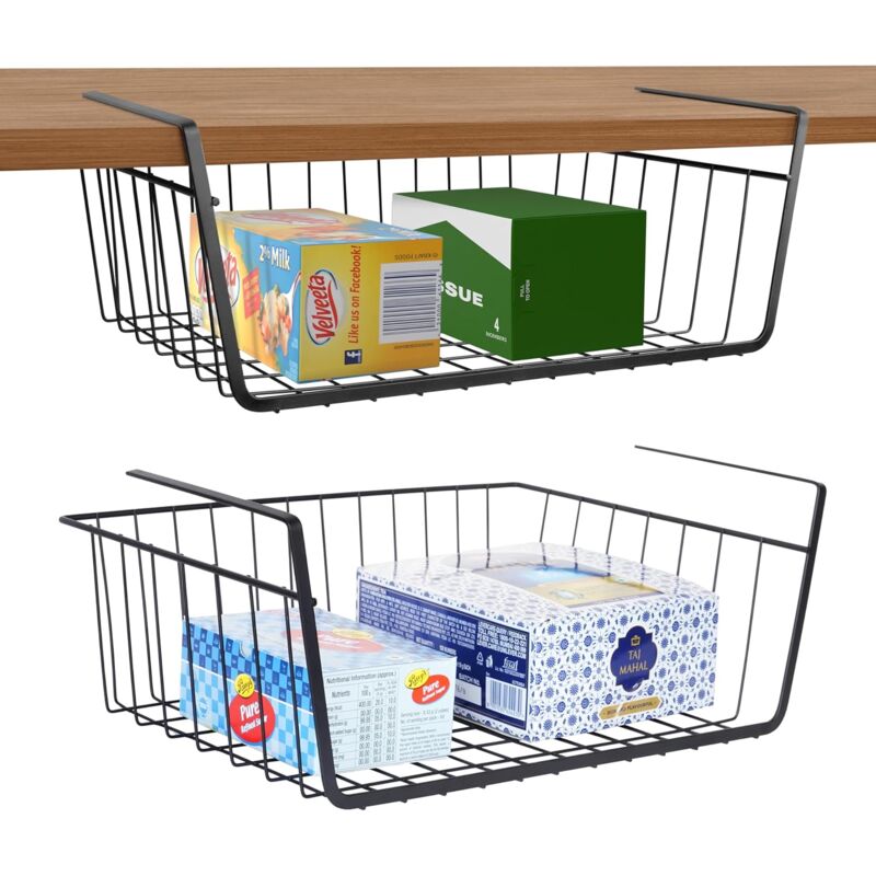 foto del prodotto confezione da 2 cestini per armadietti, cestini portaoggetti, in metallo nero, per cucina, dispensa, ufficio, libreria, armadio, armadietti, bagno