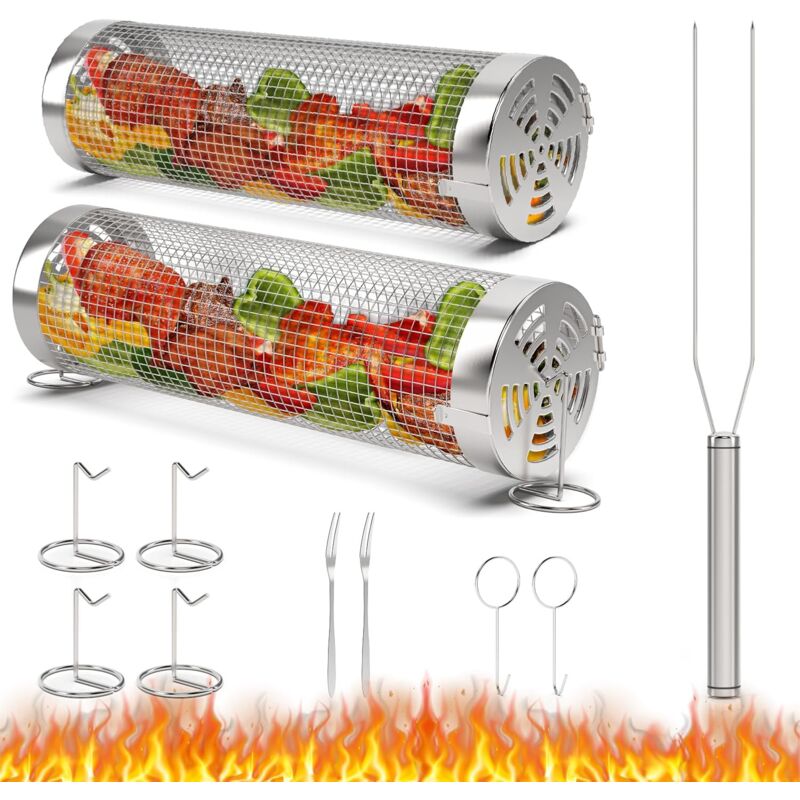 foto del prodotto confezione da 2 cestini per grigliate portatili con forchetta, accessori per cucinare all aperto per carne, pesce e verdure, in acciaio inossidabile,