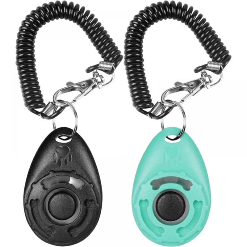 foto del prodotto confezione da 2 clicker, clicker per cani con cinturino elastico da polso e pulsante grande, clicker professionale per addestramento cani, gatti,