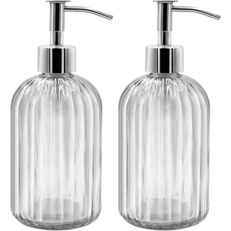 foto del prodotto confezione da 2 dispenser di sapone in vetro, dispenser di sapone liquido da 400 ml con pompa, dispenser di lozione e sapone ricaricabili per cucina,