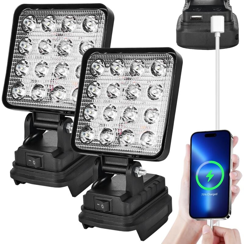 foto del prodotto confezione da 2 faretti da lavoro a led senza fili da 20 v, 27 w faretto da cantiere a led con ricarica usb faretto portatile a batteria
