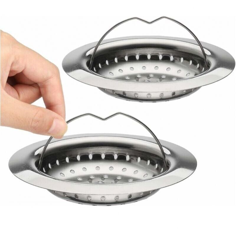foto del prodotto confezione da 2 filtri per lavello da cucina con maniglia, filtro per lavello in acciaio inox con maniglia, ripiano portaoggetti da cucina, diametro