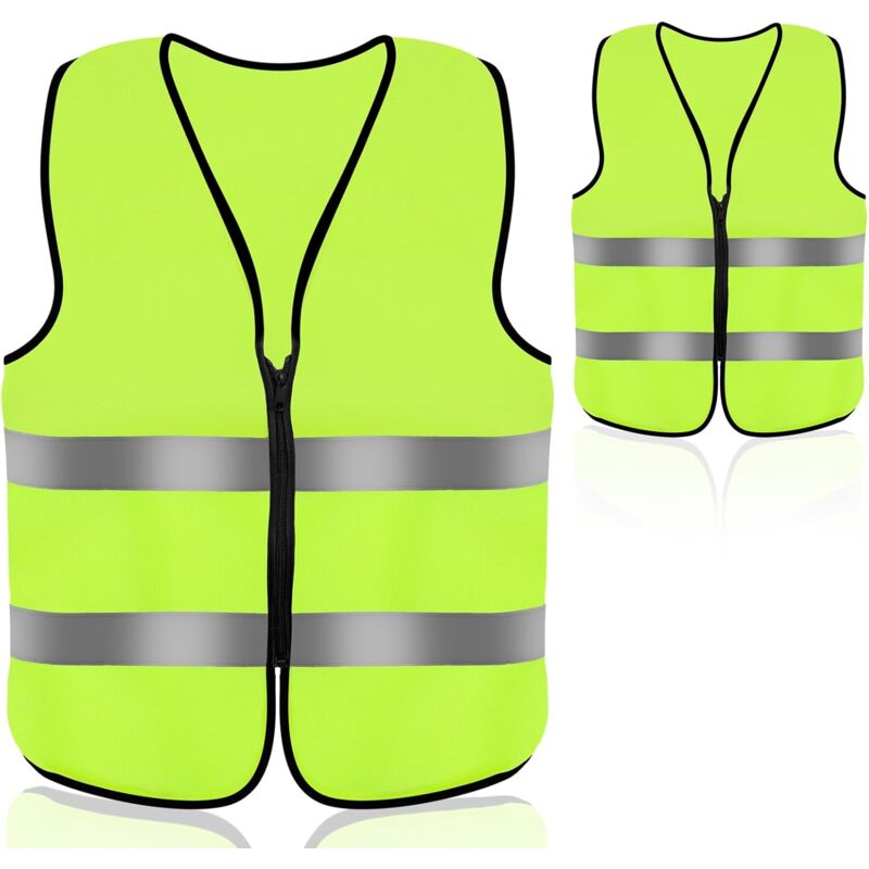 foto del prodotto confezione da 2 gilet di sicurezza fluorescenti gialli per auto, con cerniera, adatti per il soccorso stradale notturno, dotati di strisce