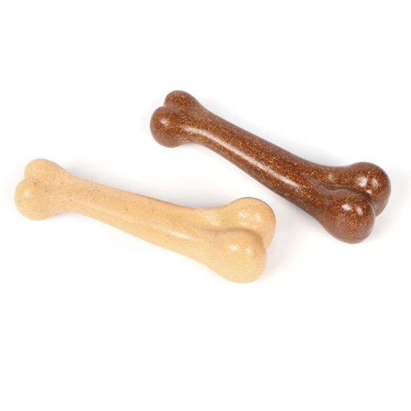 foto del prodotto confezione da 2 giocattoli per cani di colore giallo marrone, ossi da masticare da 15 cm, adatti a cani di taglia grande e media, cura dentale,