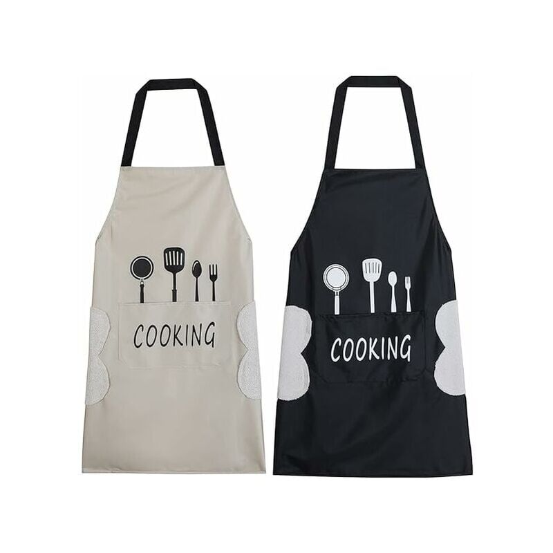 foto del prodotto confezione da 2 grembiuli da cucina con asciugamano, antigoccia, con 2 tasche, grembiuli da cucina per donne e uomini.