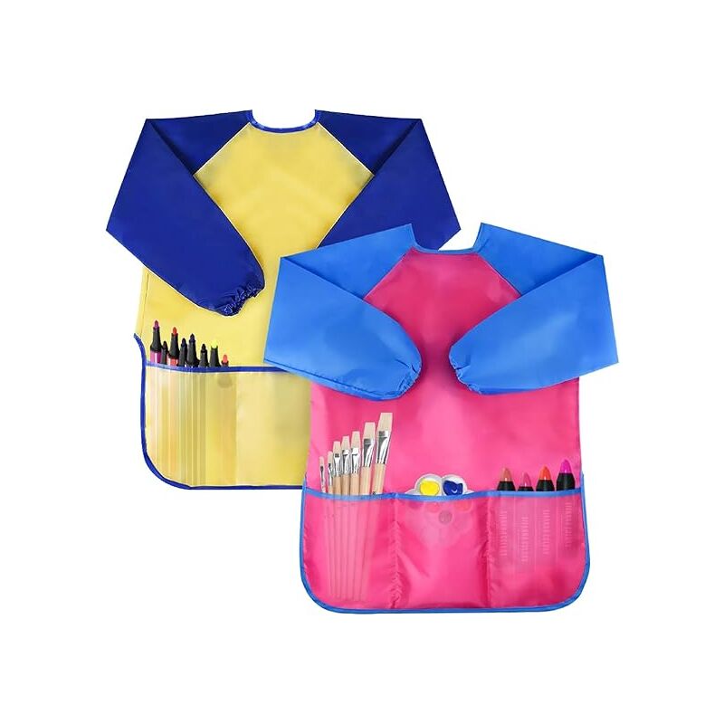 foto del prodotto confezione da 2 grembiuli da pittura per bambini piccoli, impermeabili, a maniche lunghe, con 3 tasche, per et 2 6 anni bebusingoto