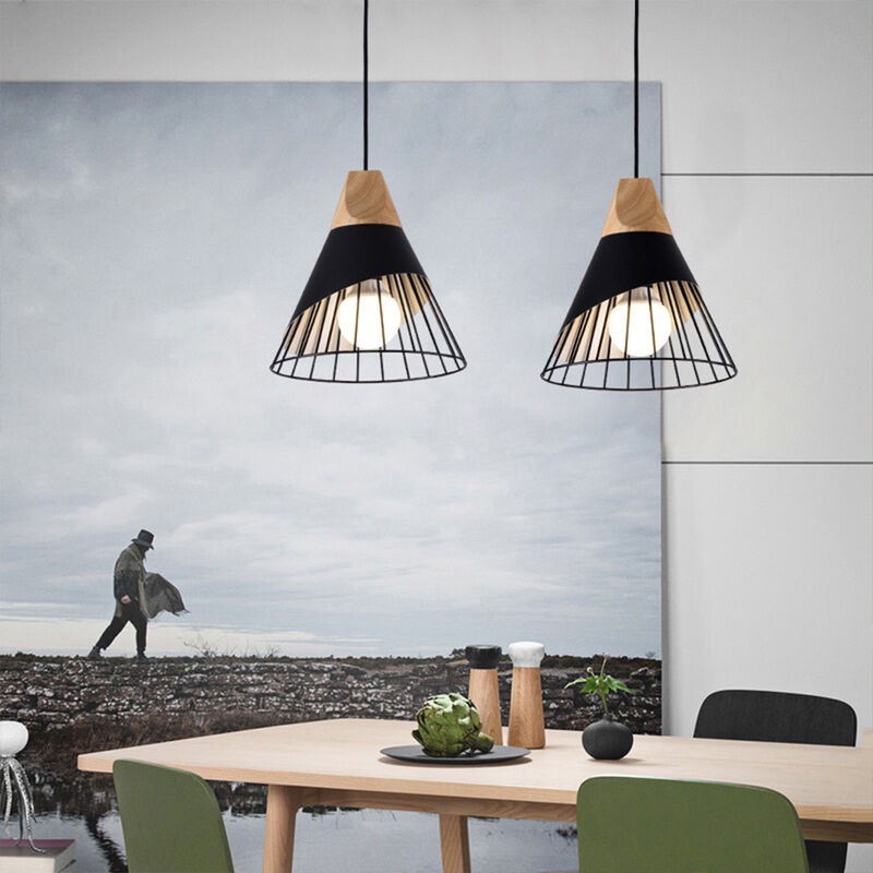 foto del prodotto confezione da 2 lampadario lampada a sospensione vintage retro gabbia forma badminton in metallo e legno e27 25cm plafoniera nero