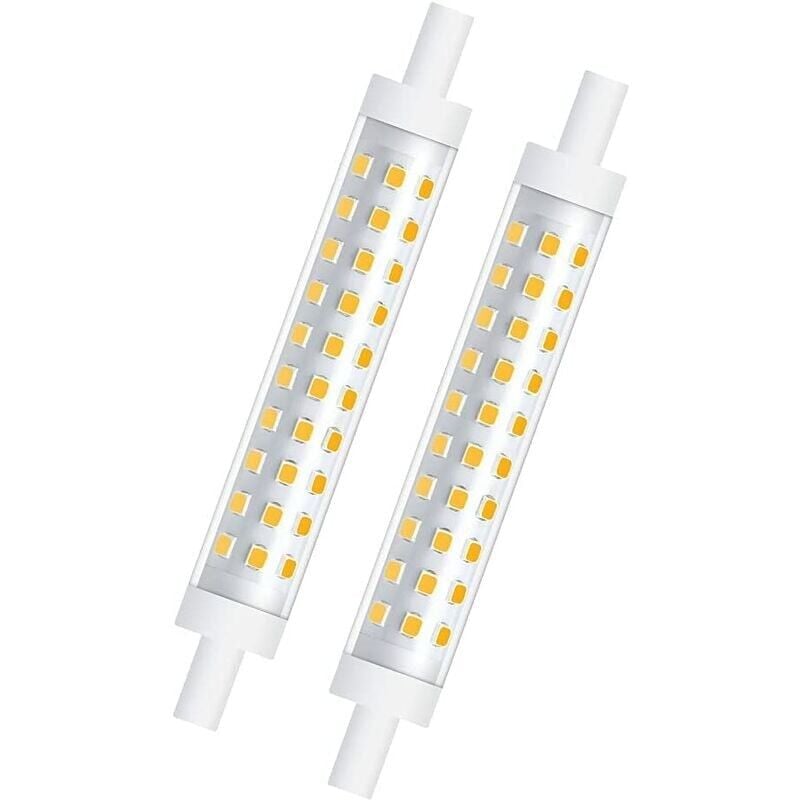 foto del prodotto confezione da 2 lampadine led dimmerabili r7s da 10 w, 118 mm, bianco caldo 3000 k, riflettore lineare a doppia estremit equivalente alogeno da 100