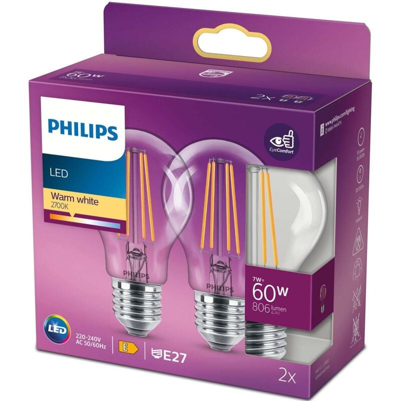 foto del prodotto confezione da 2 led e27 normale 7 w 60 w trasparente 806 lm 34407754 34407754 34407754 34407754 34407754