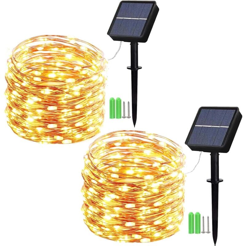 foto del prodotto confezione da 2 luci solari per esterni, luci solari in filo di rame da 33 piedi e 100 led con 8 modalit per decorazioni esterne, giardini, alberi,