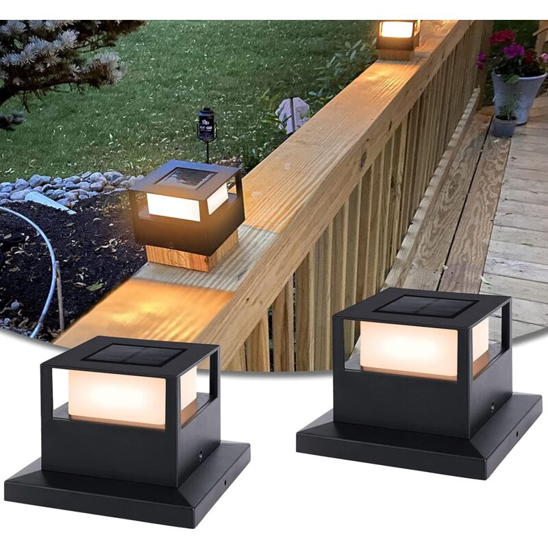foto del prodotto confezione da 2 luci solari per pali di recinzione, alimentate ad energia solare con led smd impermeabili, per la decorazione di terrazze o patii,