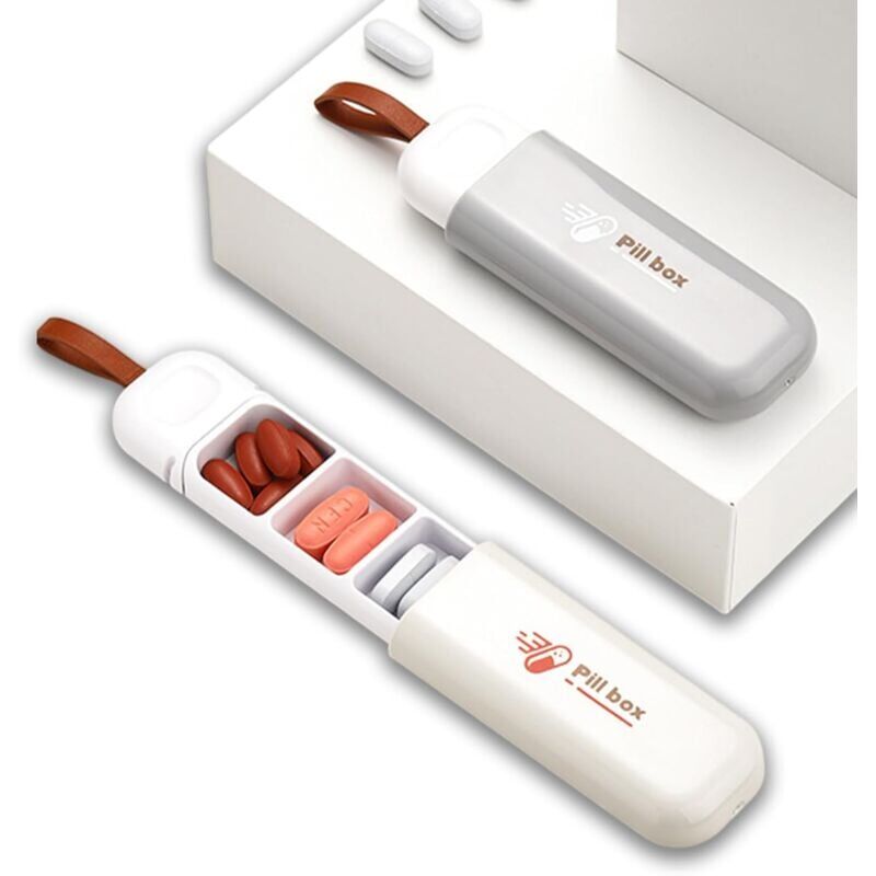 foto del prodotto confezione da 2 mini portapillole 1 giorno 3 scomparti viaggio senza bpa vitamine e olio di pesce beige e grigio
