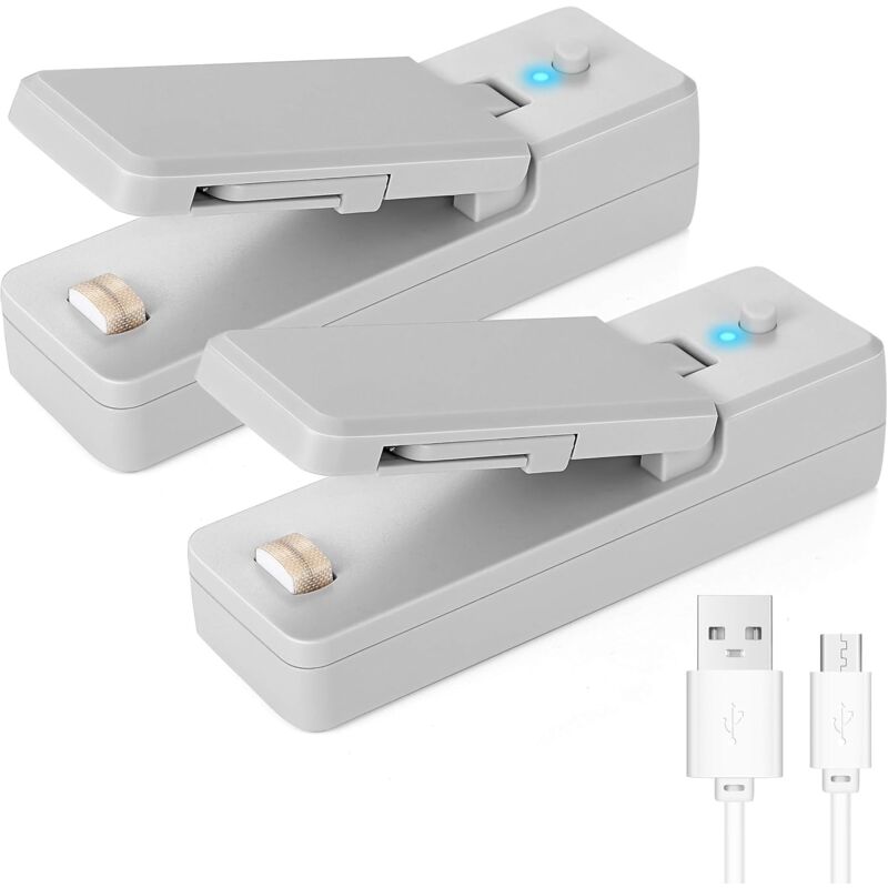foto del prodotto confezione da 2 mini sigillatrici portatili 2 in 1, veloci e ricaricabili, per sacchetti in plastica, mini sigillatrici termiche portatili per