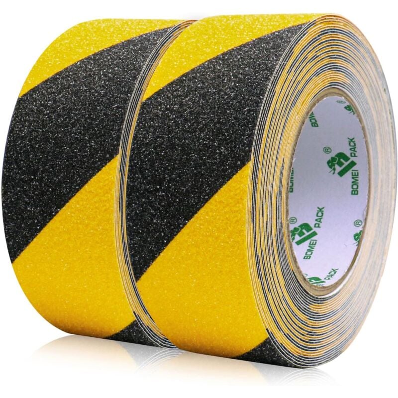 foto del prodotto confezione da 2 nastri antiscivolo per scale, nastro di sicurezza, nastro antiscivolo giallo nero, nastri di avvertimento, segnaletica di sicurezza